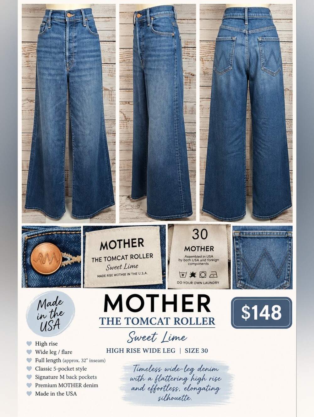MOTHER The Tomcat Roller High Rise Wide Leg Jeans Size 30 Sweet Lime Blue